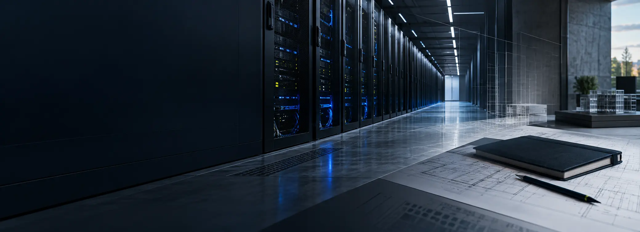 A modern data center meeting a strategy worktable
